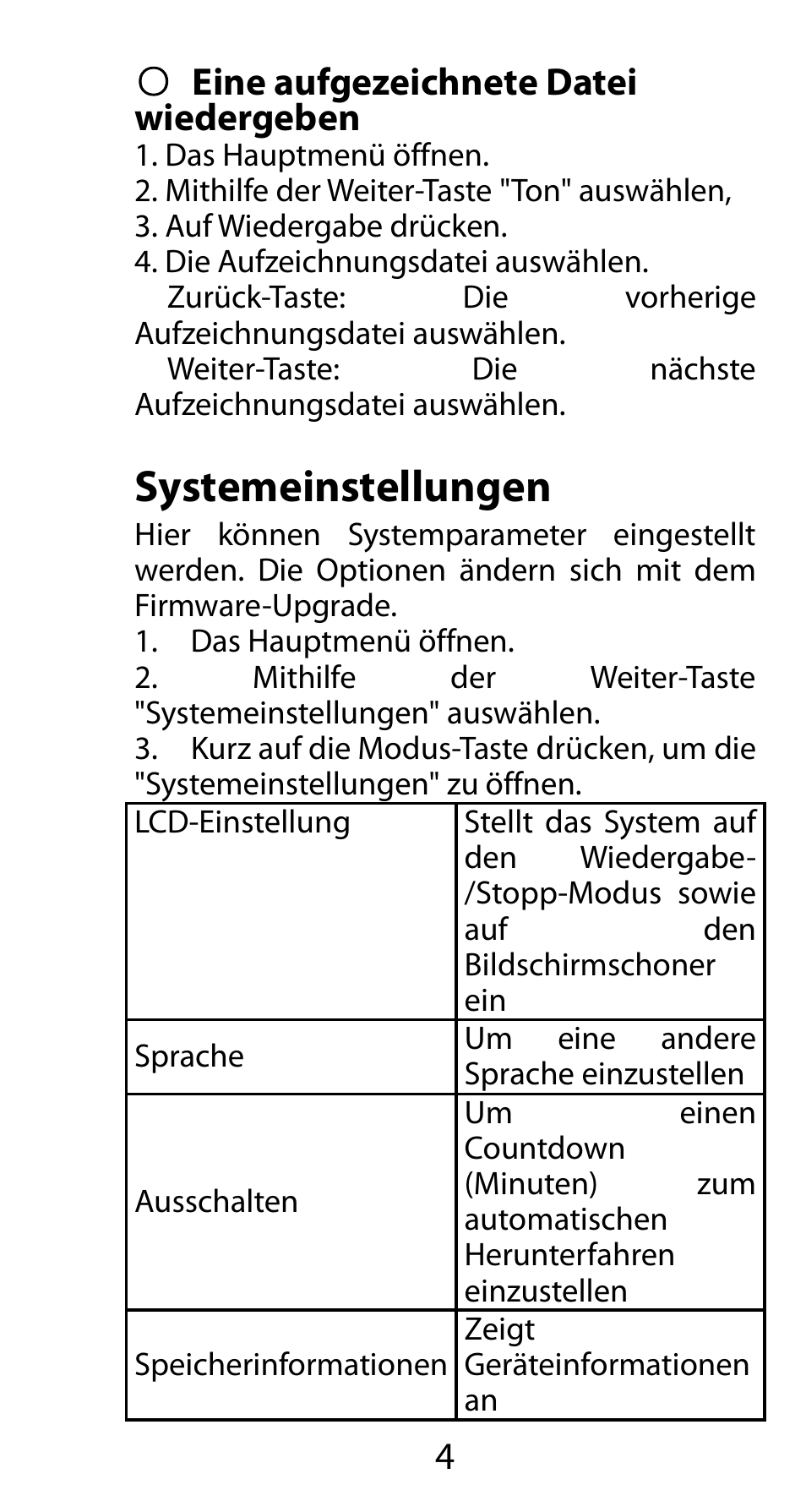 Eine aufgezeichnete datei, Wiedergeben, Systemeinstellungen | Mpman FIESTA² WOM User Manual | Page 14 / 59