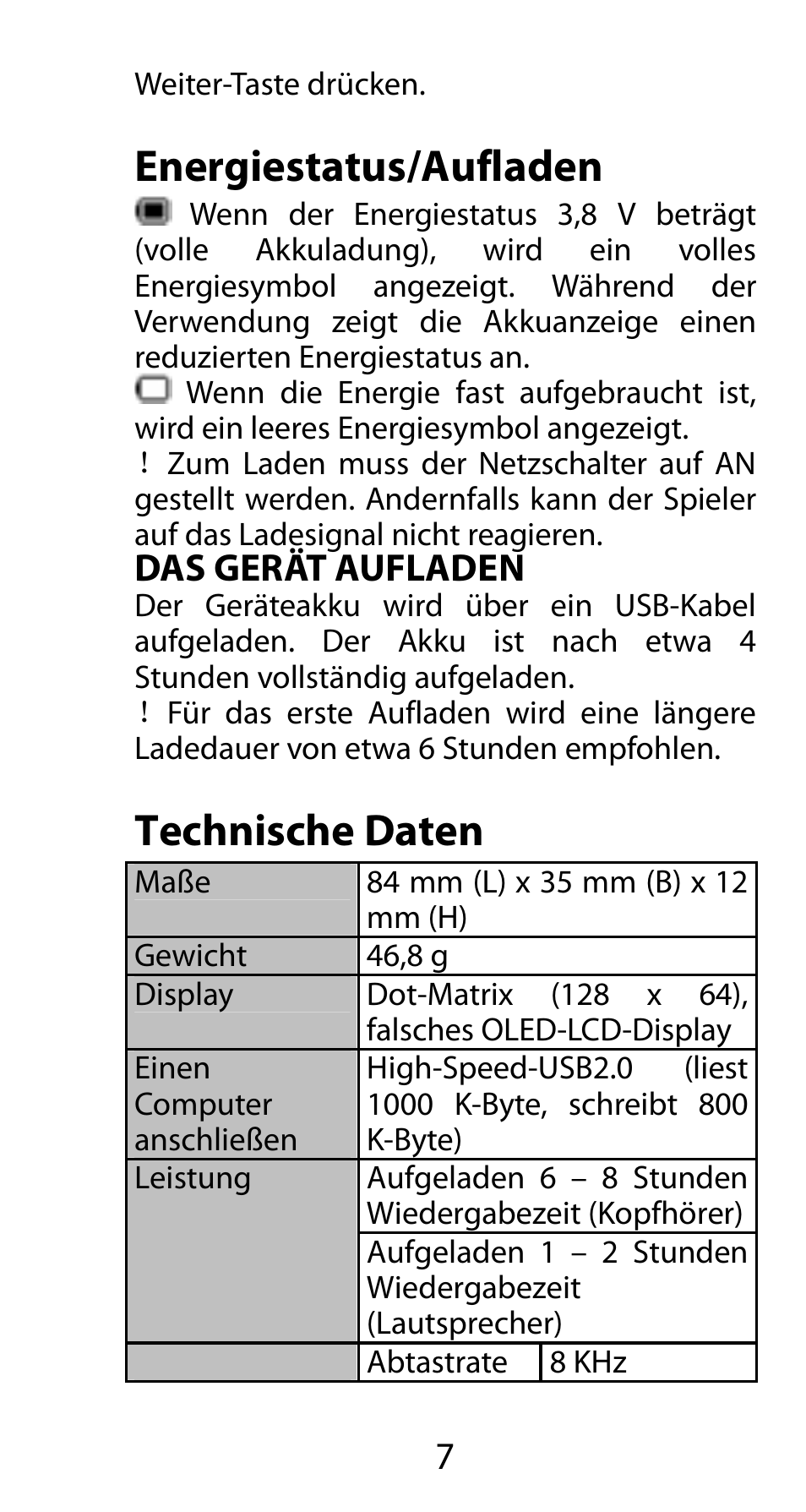 Energiestatus/aufladen, Das gerät aufladen, Technische daten | Mpman FIESTA² WOM User Manual | Page 17 / 59