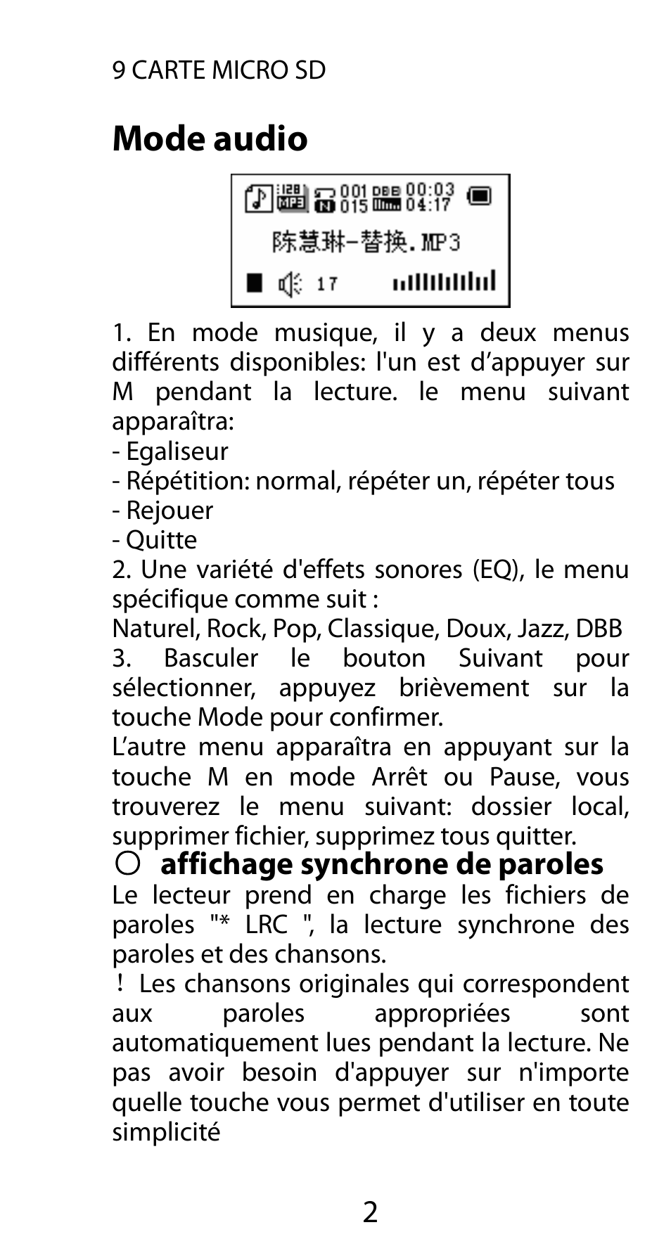 Mode audio, Affichage synchrone de paroles | Mpman FIESTA² WOM User Manual | Page 22 / 59