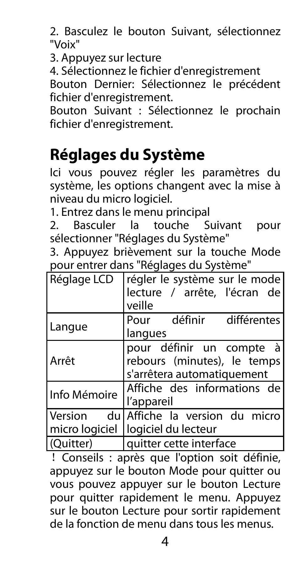 Réglages du système | Mpman FIESTA² WOM User Manual | Page 24 / 59
