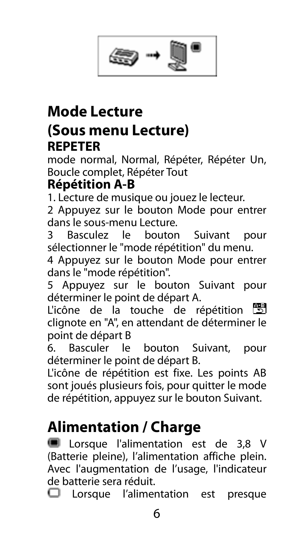 Mode lecture, Sous menu lecture), Repeter | Répétition a-b, Alimentation / charge, Mode lecture (sous menu lecture) | Mpman FIESTA² WOM User Manual | Page 26 / 59