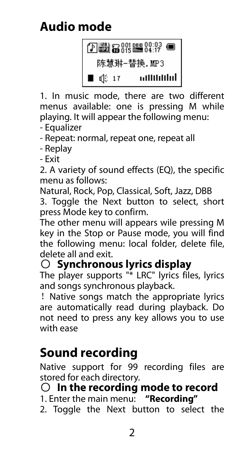 Audio mode, Synchronous lyrics display, Sound recording | In the recording mode to record | Mpman FIESTA² WOM User Manual | Page 3 / 59