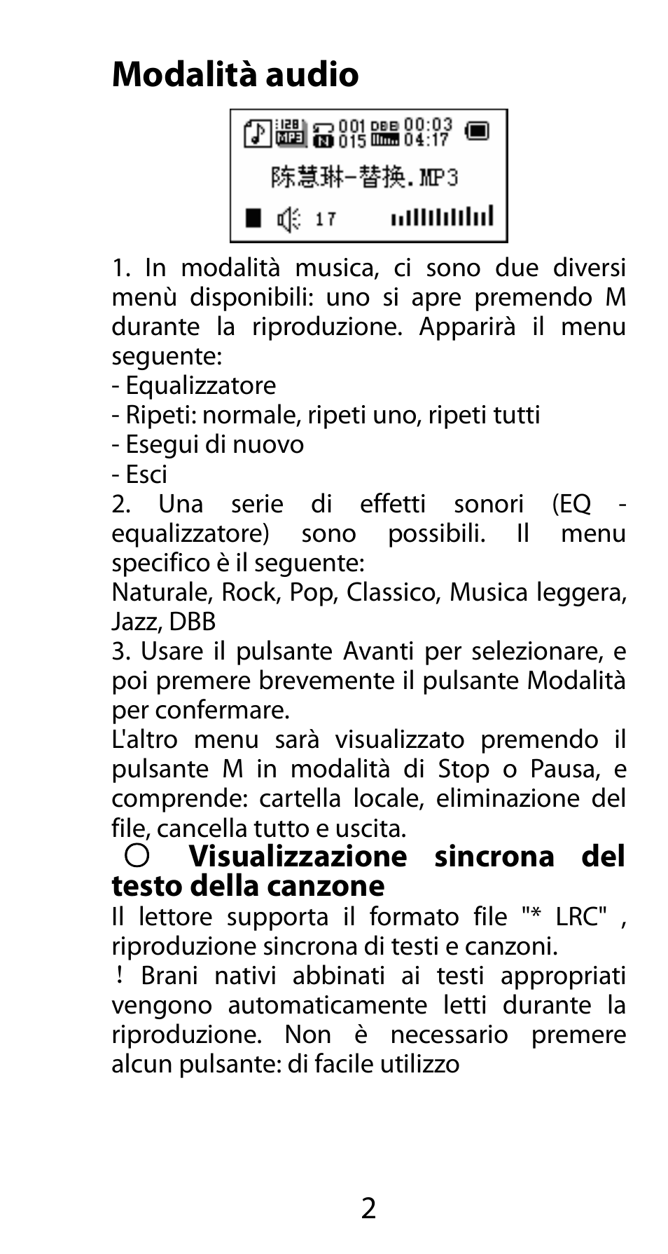 Modalità audio, Visualizzazione sincrona del testo della canzone | Mpman FIESTA² WOM User Manual | Page 32 / 59