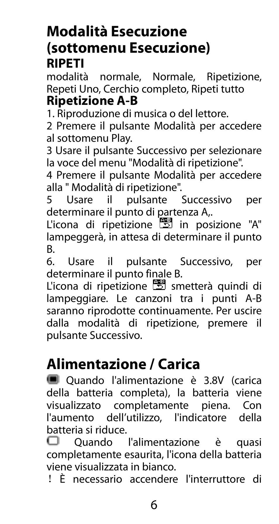 Modalità esecuzione (sottomenu esecuzione), Ripeti, Ripetizione a-b | Alimentazione / carica | Mpman FIESTA² WOM User Manual | Page 36 / 59