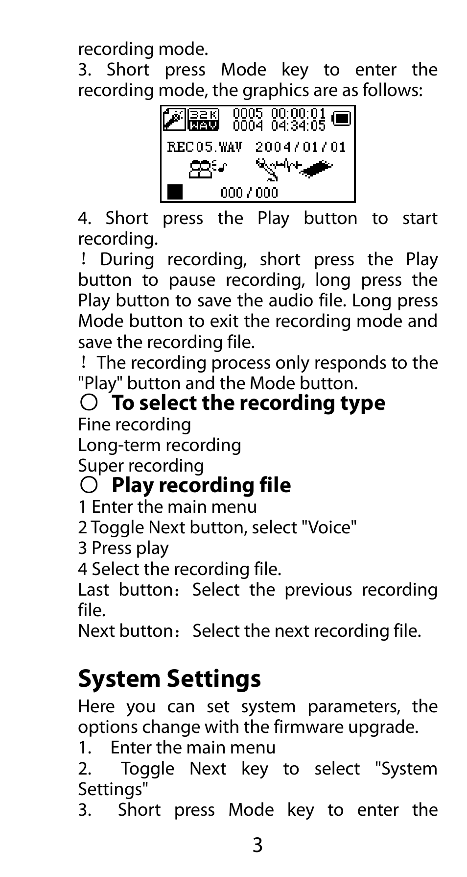 To select the recording type, Play recording file, System settings | Mpman FIESTA² WOM User Manual | Page 4 / 59