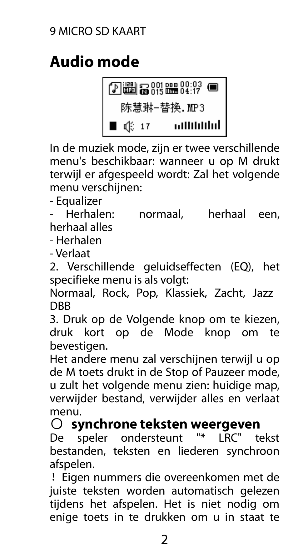 Audio mode, Synchrone teksten weergeven | Mpman FIESTA² WOM User Manual | Page 42 / 59