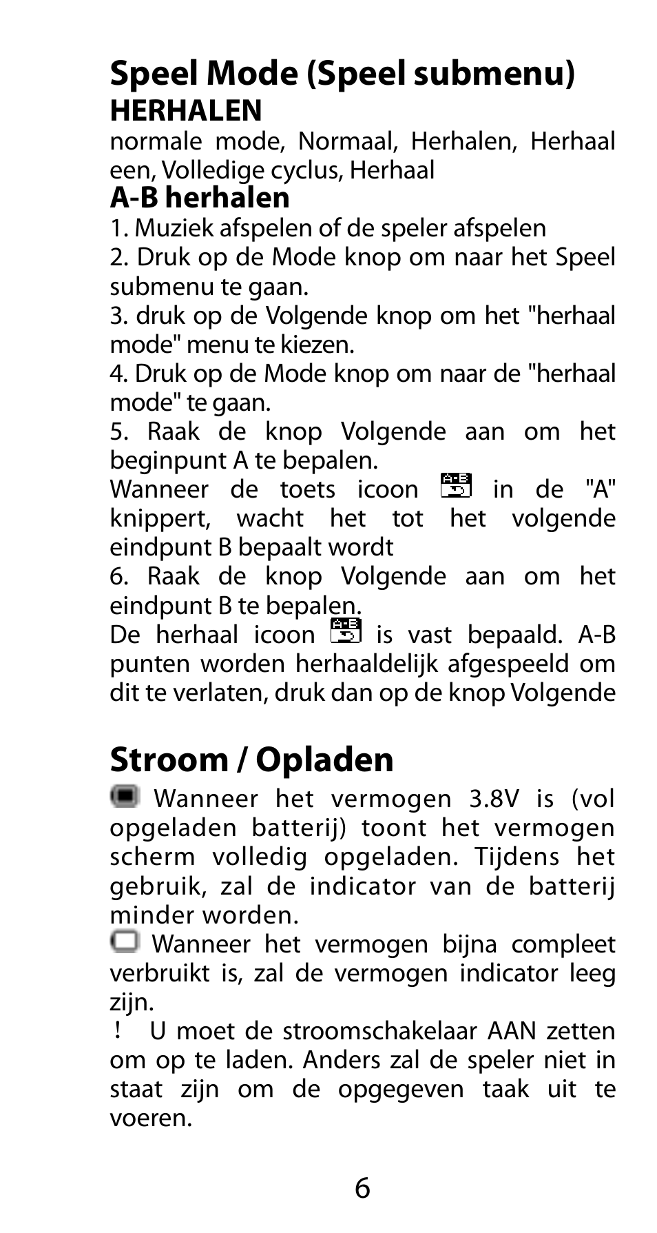Speel mode (speel submenu), Herhalen, A-b herhalen | Stroom / opladen | Mpman FIESTA² WOM User Manual | Page 46 / 59