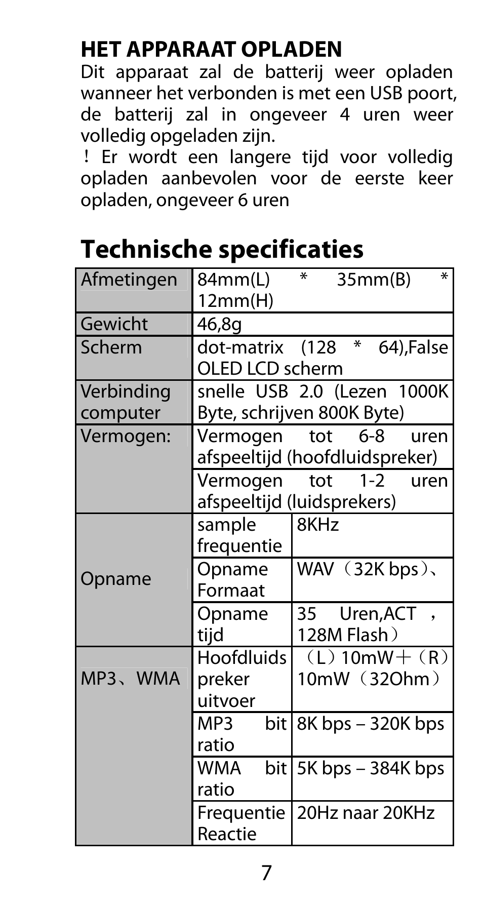 Het apparaat opladen, Technische specificaties | Mpman FIESTA² WOM User Manual | Page 47 / 59