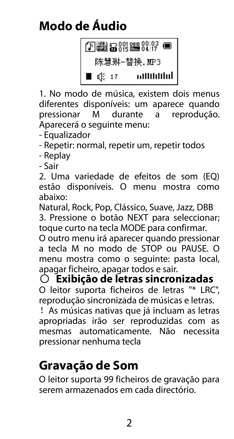 Modo de áudio, Exibição de letras sincronizadas, Gravação de som | Mpman FIESTA² WOM User Manual | Page 52 / 59