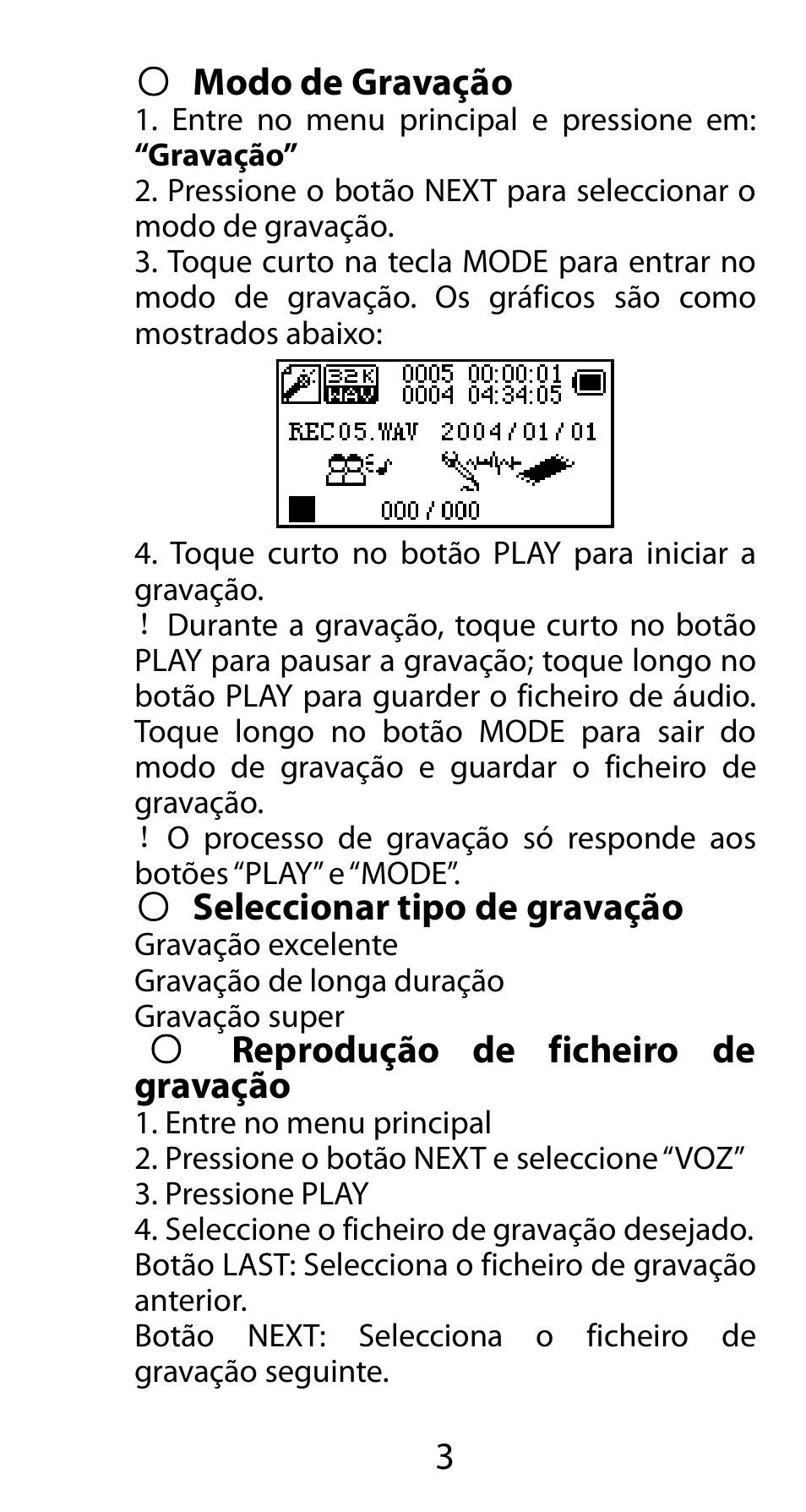 Modo de gravação, Seleccionar tipo de gravação, Reprodução de ficheiro de gravação | Mpman FIESTA² WOM User Manual | Page 53 / 59