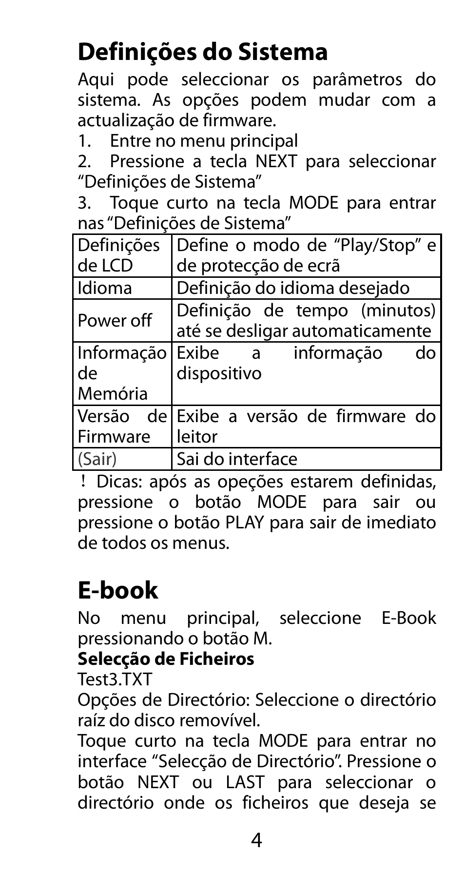 Definições do sistema, E-book | Mpman FIESTA² WOM User Manual | Page 54 / 59
