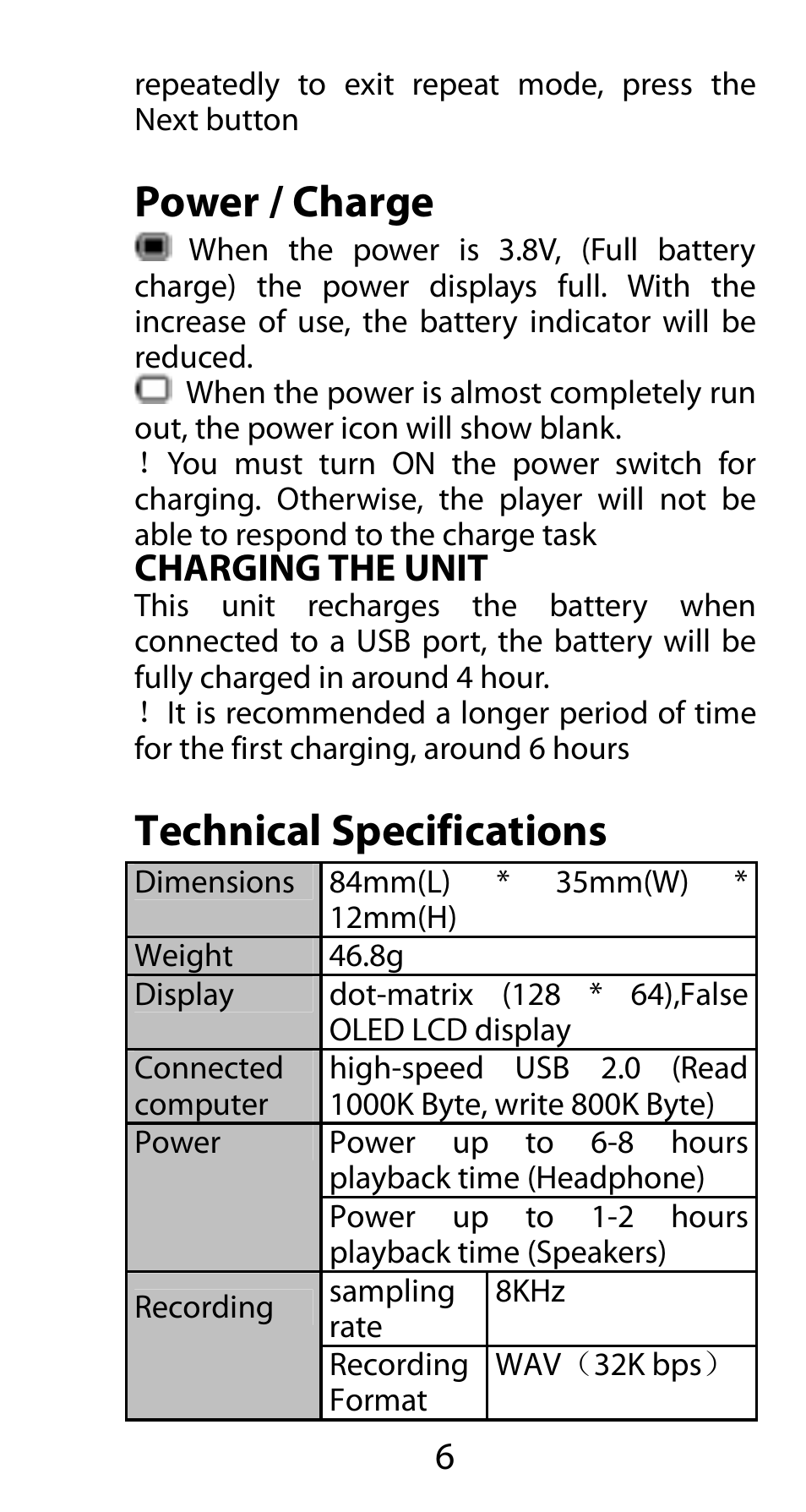 Power / charge, Charging the unit, Technical specifications | Mpman FIESTA² WOM User Manual | Page 7 / 59