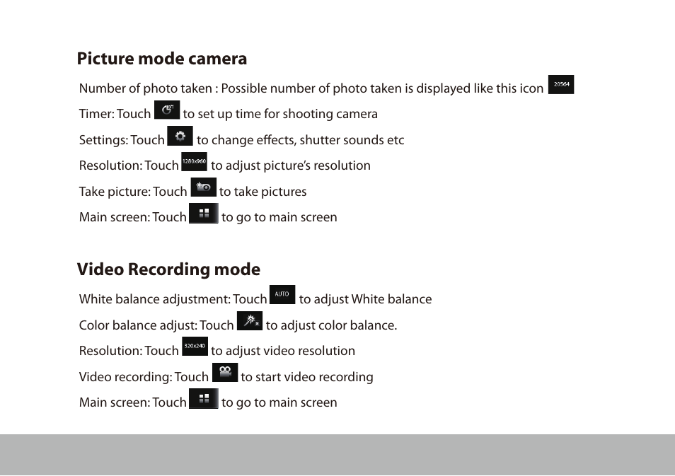 Picture mode camera, Video recording mode | Mpman BT28 User Manual | Page 19 / 22