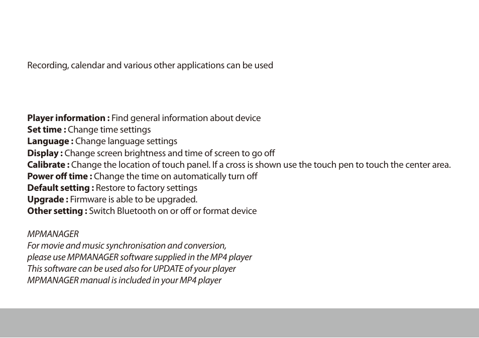 Applications, System setting | Mpman BT28 User Manual | Page 21 / 22