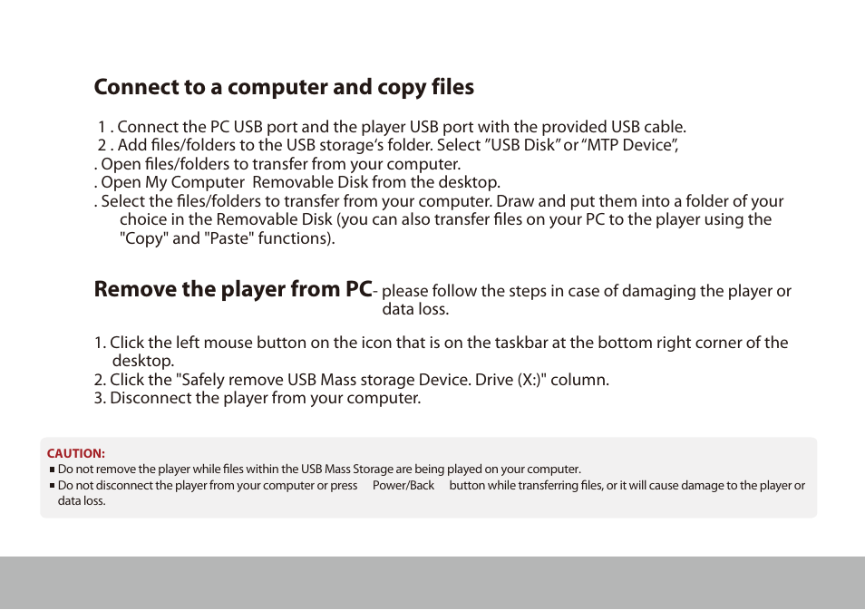 Connect to a computer and copy files, Remove the player from pc | Mpman BT28 User Manual | Page 7 / 22