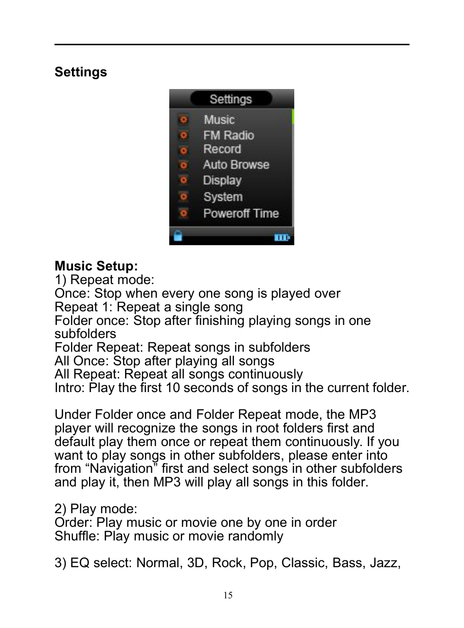 Settings, Musicsetup | Mpman BT20 User Manual | Page 15 / 34
