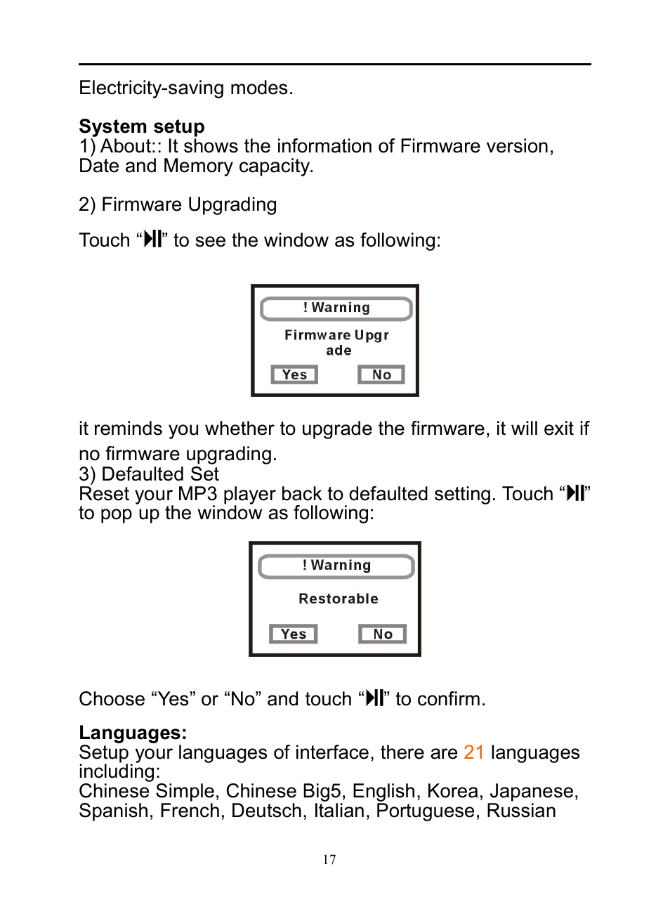 Systemsetup, Languages | Mpman BT20 User Manual | Page 17 / 34