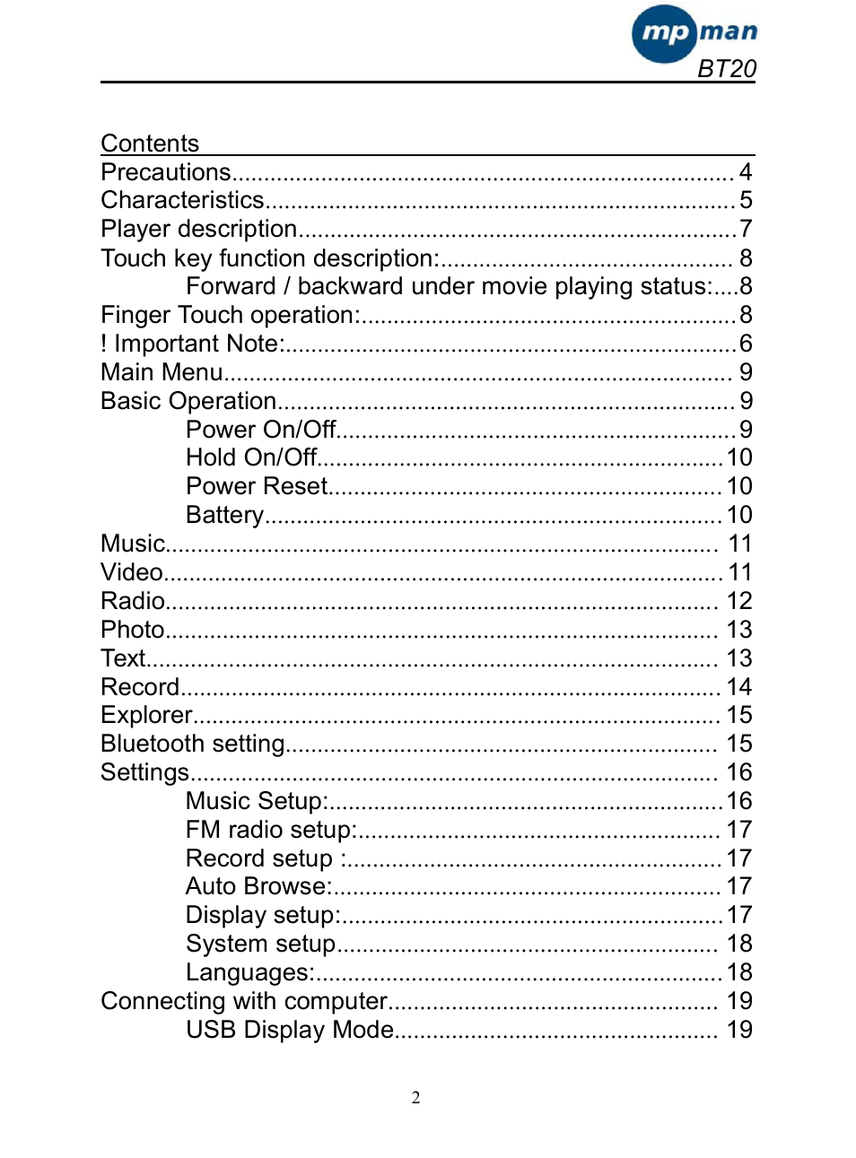 Mpman BT20 User Manual | Page 2 / 34