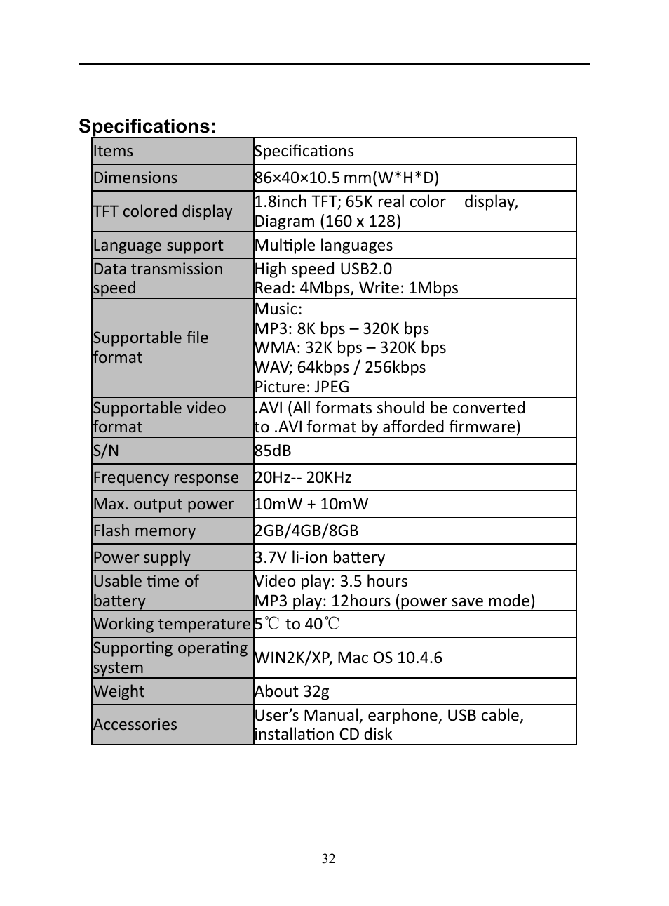 Specifications | Mpman BT20 User Manual | Page 32 / 34