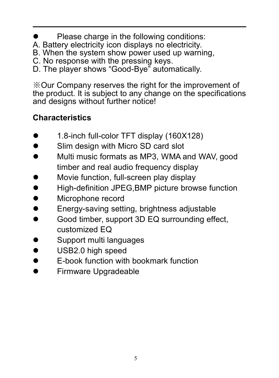 Characteristics | Mpman BT20 User Manual | Page 5 / 34