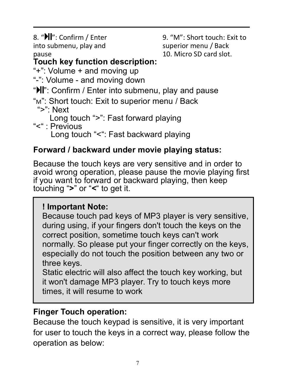 Touchkeyfunctiondescription, Forward/backwardundermovieplayingstatus, Fingertouchoperation | Mpman BT20 User Manual | Page 7 / 34