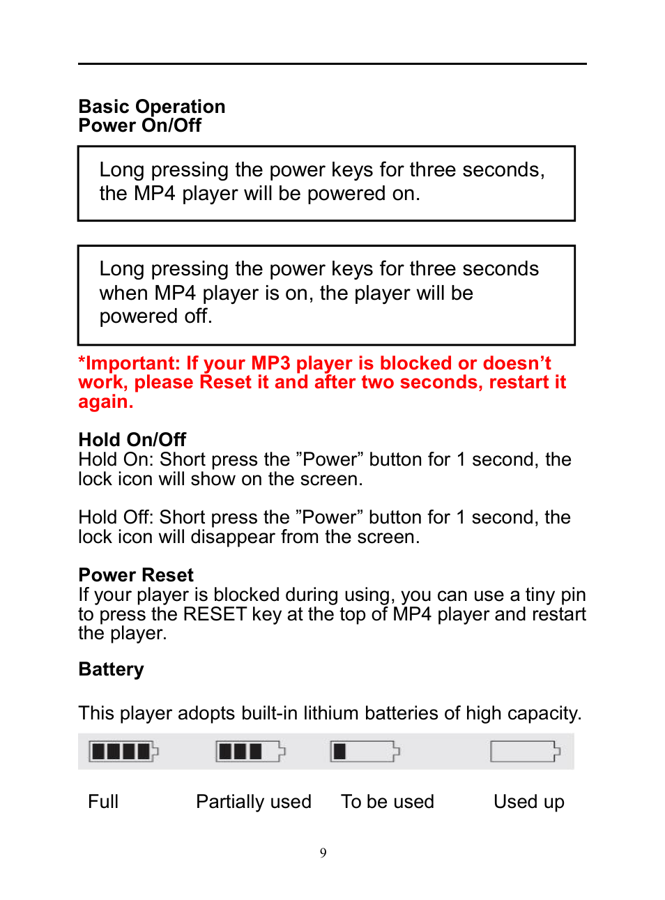Basicoperation, Poweron/off, Holdon/off | Powerreset, Battery | Mpman BT20 User Manual | Page 9 / 34