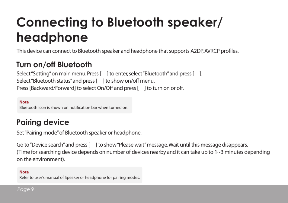 Connecting to bluetooth speaker/ headphone, Turn on/off bluetooth, Pairing device | Mpman BT18SP User Manual | Page 10 / 22
