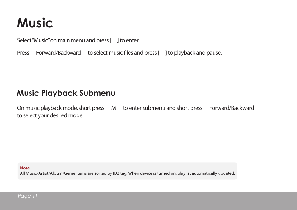 Music, Music playback submenu | Mpman BT18SP User Manual | Page 12 / 22