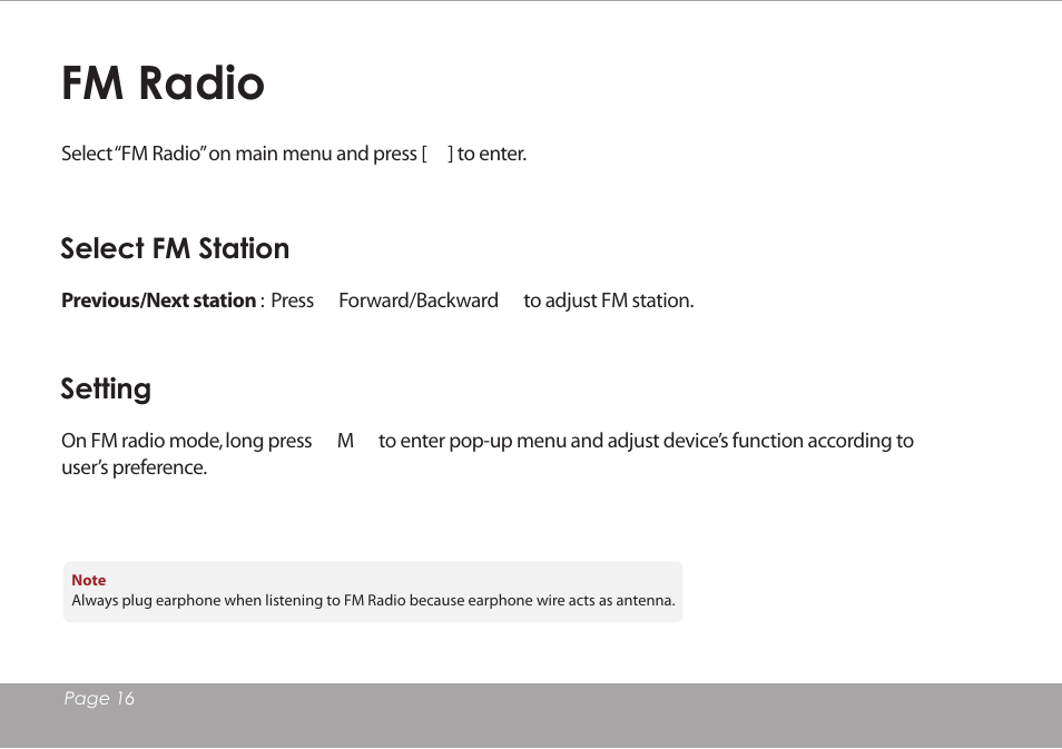 Fm radio, Select fm station, Setting | Mpman BT18SP User Manual | Page 17 / 22