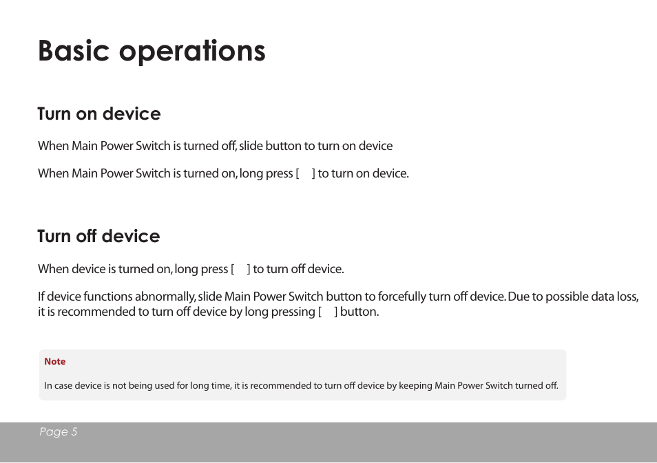 Basic operations, Turn on device, Turn off device | Mpman BT18SP User Manual | Page 6 / 22