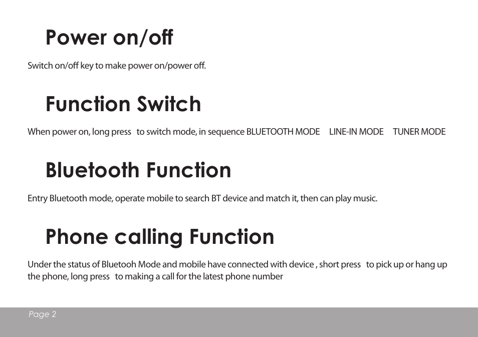 Power on/off, Function switch, Bluetooth function | Phone calling function | Mpman BT18SP User Manual | Page 3 / 7