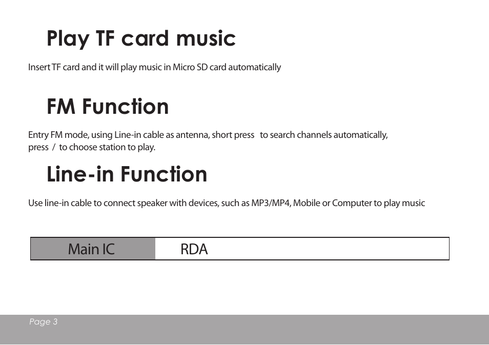 Play tf card music, Fm function, Line-in function | Mpman BT18SP User Manual | Page 4 / 7