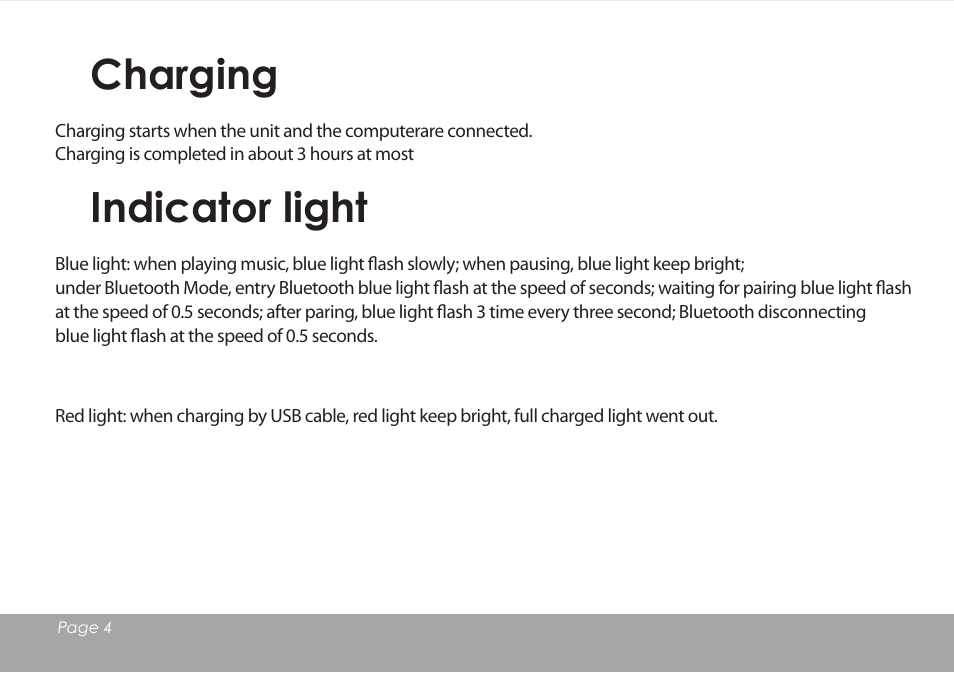 Charging, Indicator light | Mpman BT18SP User Manual | Page 5 / 7