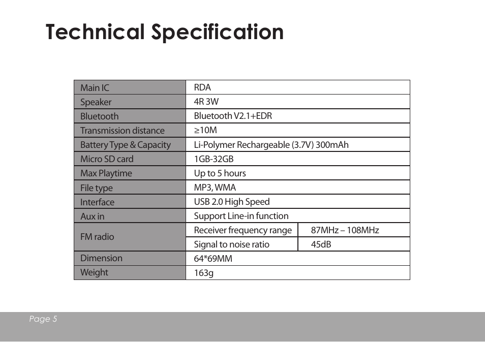 Technical specification | Mpman BT18SP User Manual | Page 6 / 7