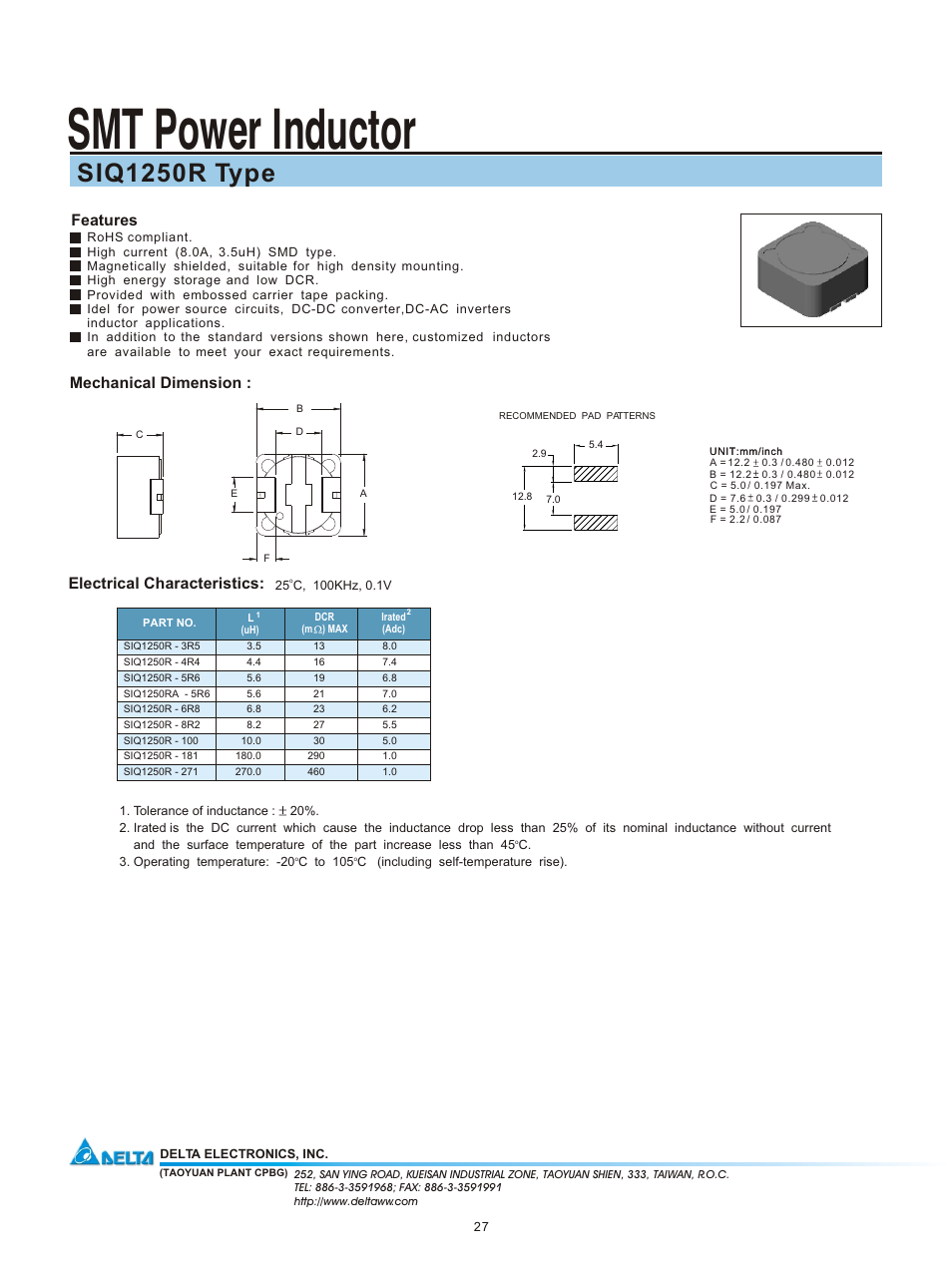 Delta Electronics SMT Power Inductor SIQ1250R User Manual | 1 page