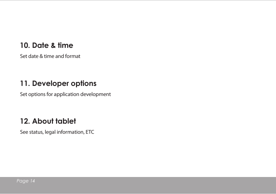 Date & time, Developer options, About tablet | Mpman MPQC1114 IPS User Manual | Page 15 / 25