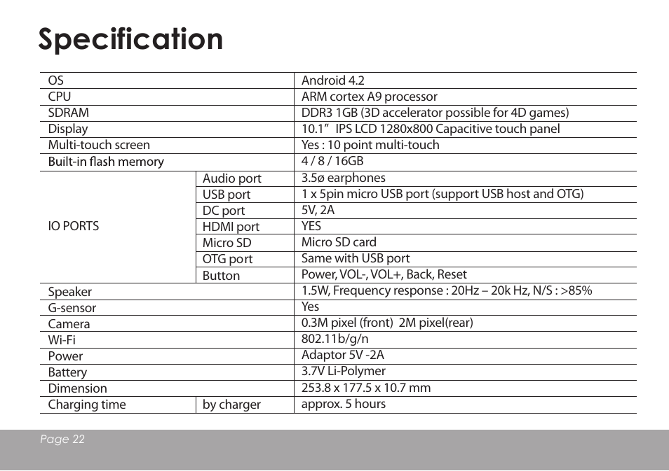 Specification | Mpman MPQC1114 IPS User Manual | Page 23 / 25