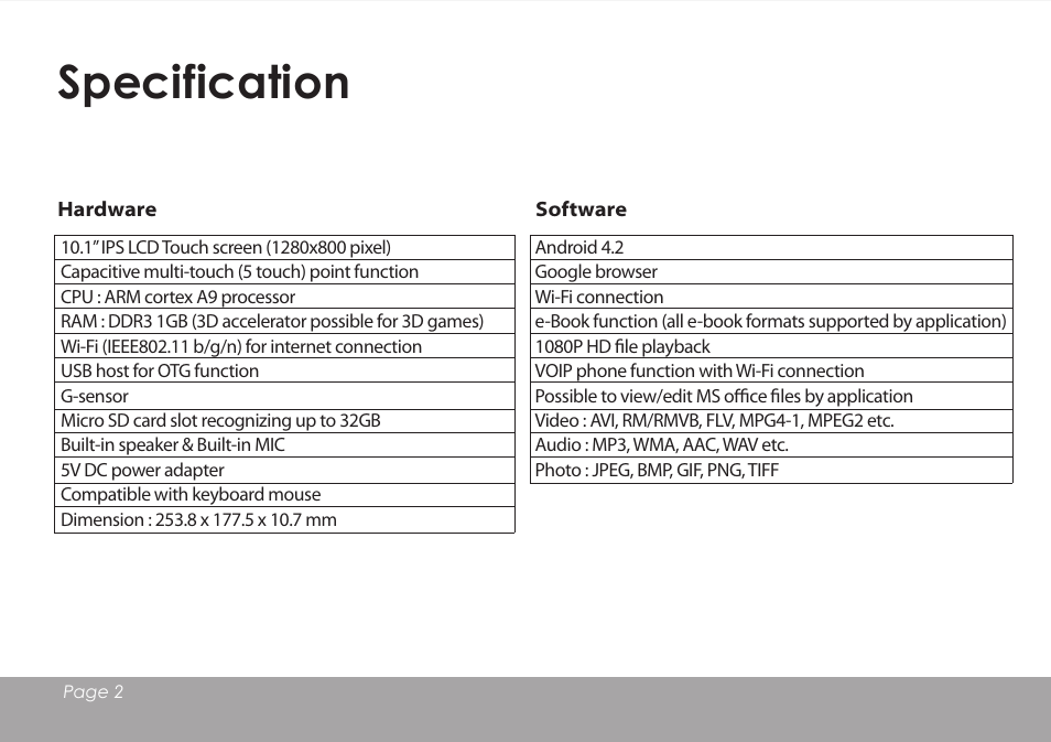 Specification | Mpman MPQC1114 IPS User Manual | Page 3 / 25