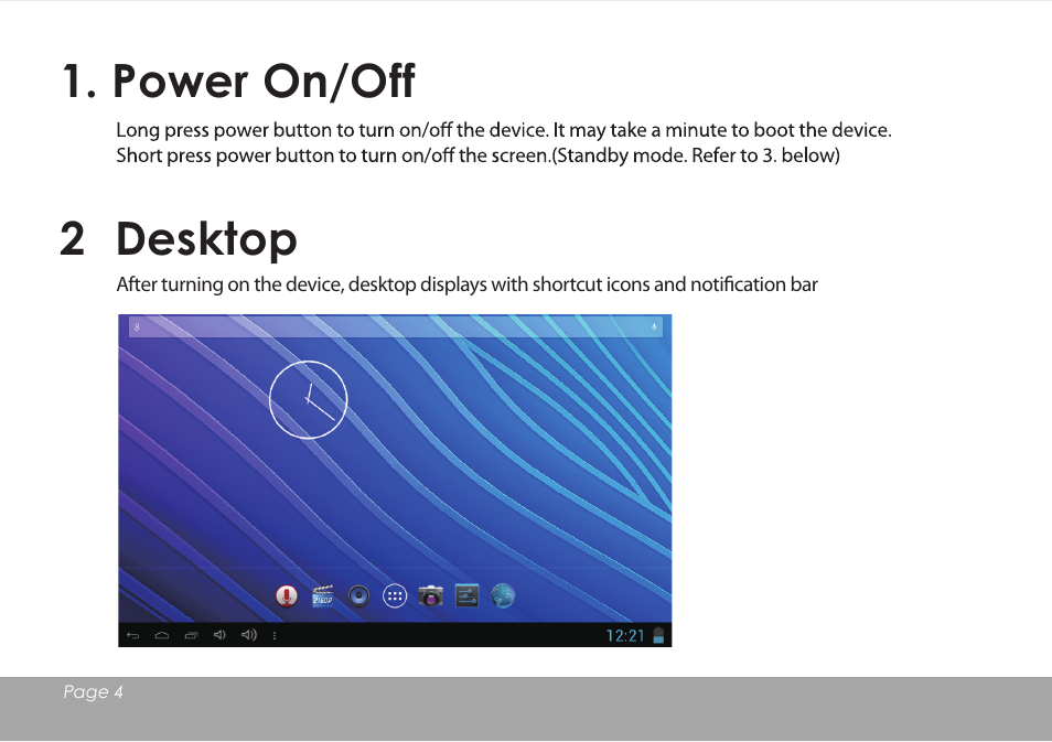 Power on/off, 2 desktop | Mpman MPQC1114 IPS User Manual | Page 5 / 25