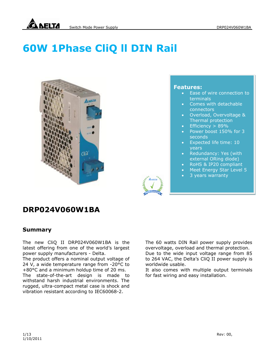 Delta Electronics 1Phase CliQ II DIN Rail DRP024V060W1BA User Manual | 13 pages