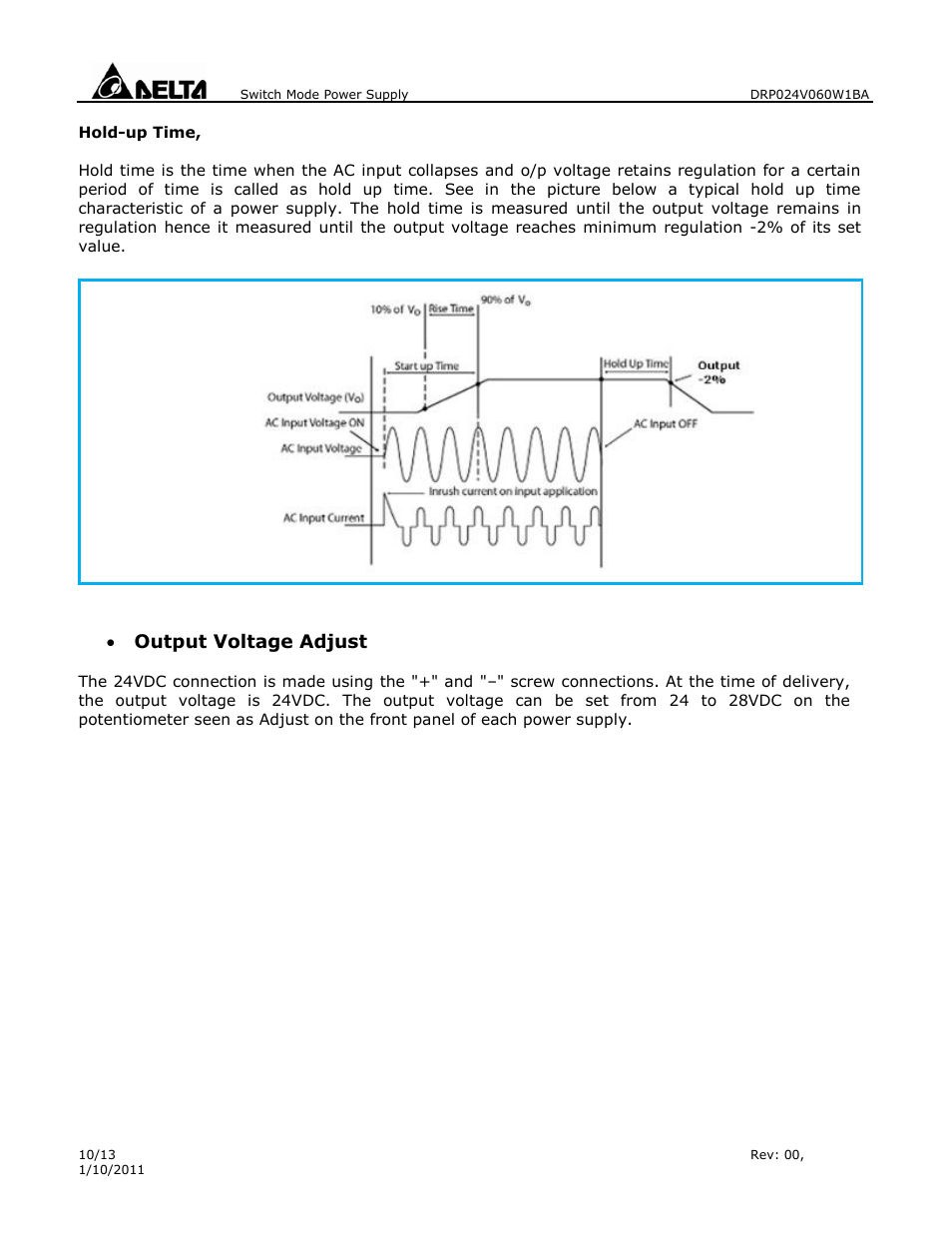 Output voltage adjust | Delta Electronics 1Phase CliQ II DIN Rail DRP024V060W1BA User Manual | Page 10 / 13