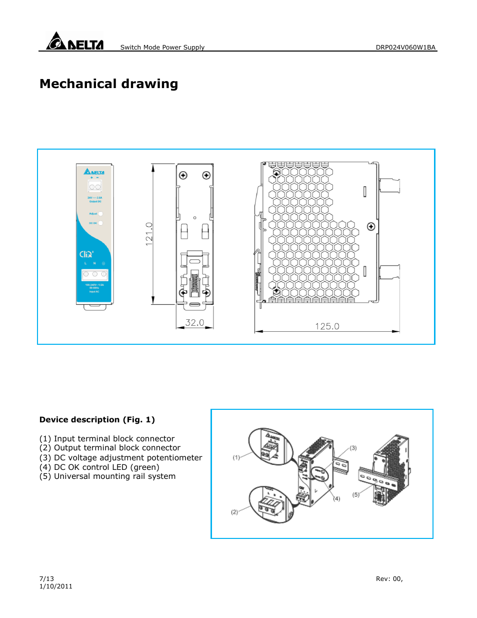 Mechanical drawing | Delta Electronics 1Phase CliQ II DIN Rail DRP024V060W1BA User Manual | Page 7 / 13