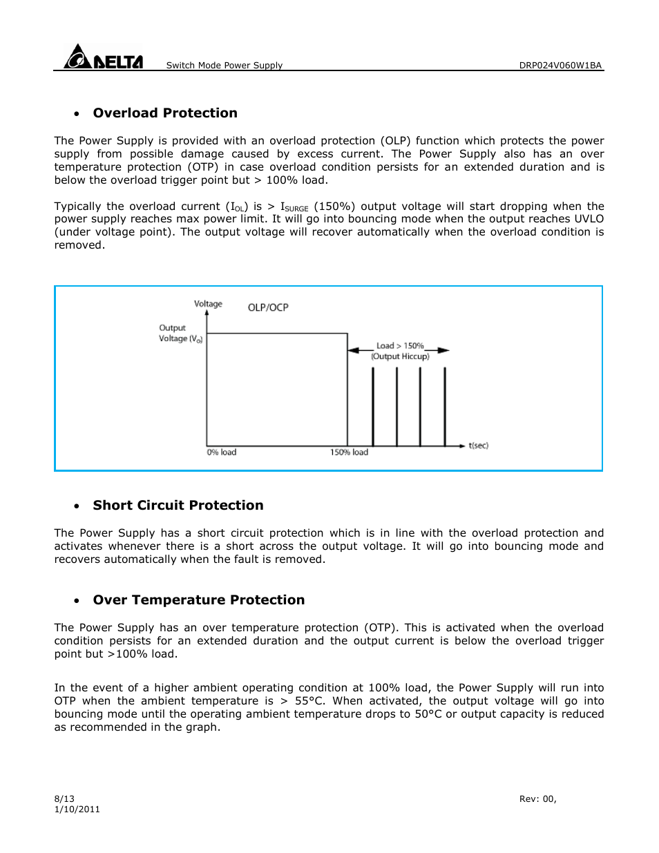 Overload protection, Short circuit protection, Over temperature protection | Delta Electronics 1Phase CliQ II DIN Rail DRP024V060W1BA User Manual | Page 8 / 13