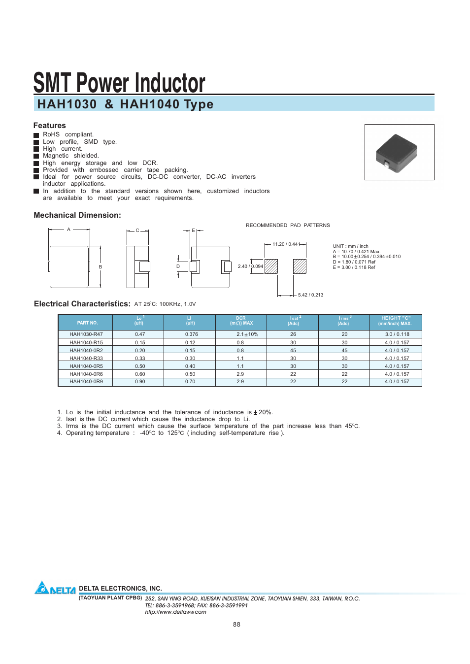Delta Electronics SMT Power Inductor HAH1030 User Manual | 1 page