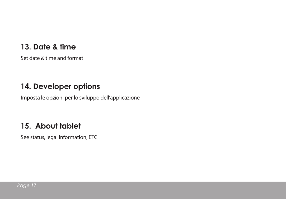 Date & time, Developer options, About tablet | Mpman MPDCG71 User Manual | Page 18 / 25