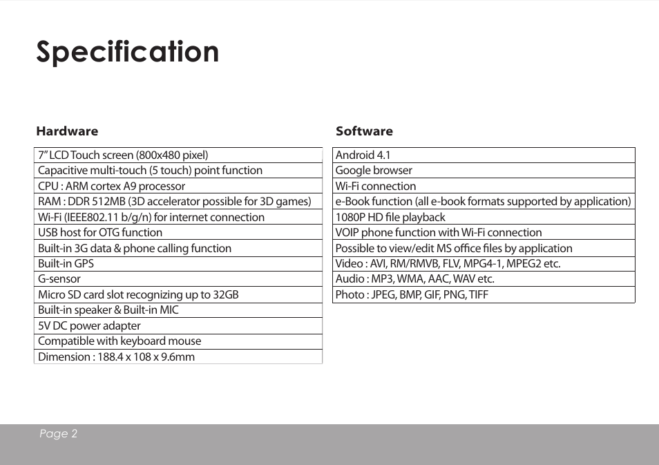 Specification | Mpman MPDCG71 User Manual | Page 3 / 25