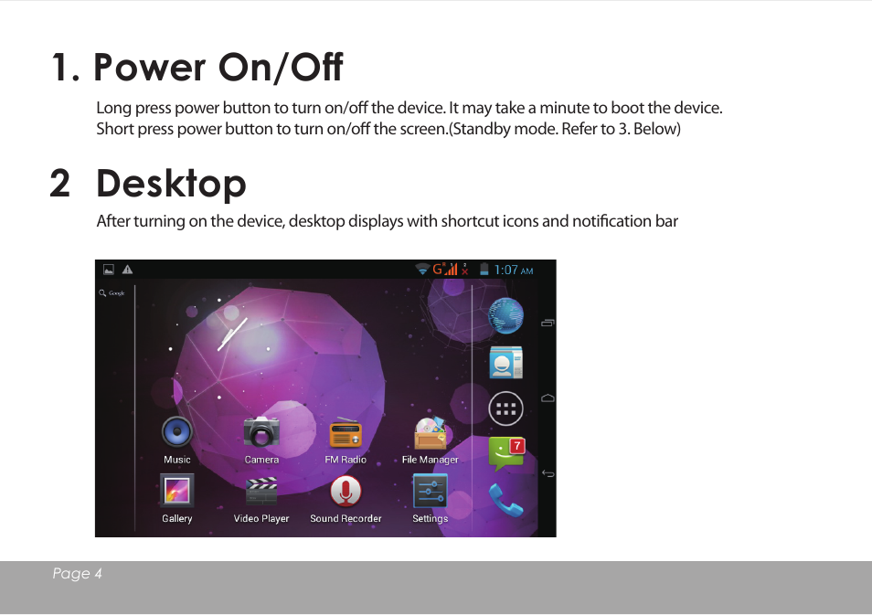 Power on/off, 2 desktop | Mpman MPDCG71 User Manual | Page 5 / 25