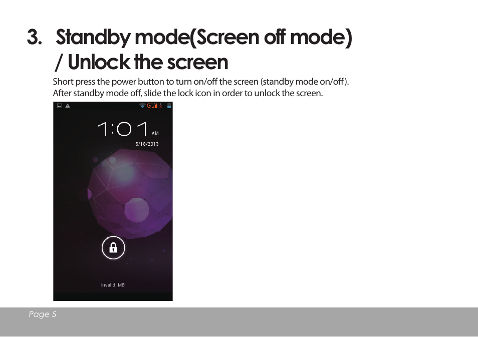 Standby mode(screen off mode) / unlock the screen | Mpman MPDCG71 User Manual | Page 6 / 25