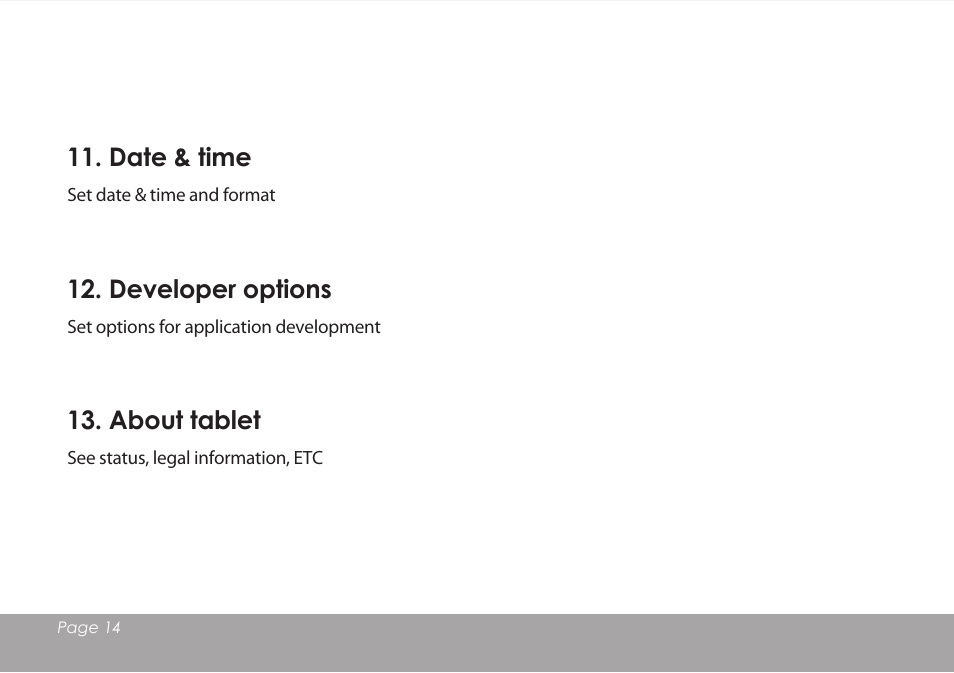 Date & time, Developer options, About tablet | Mpman MPDC88 BT IPS User Manual | Page 15 / 24