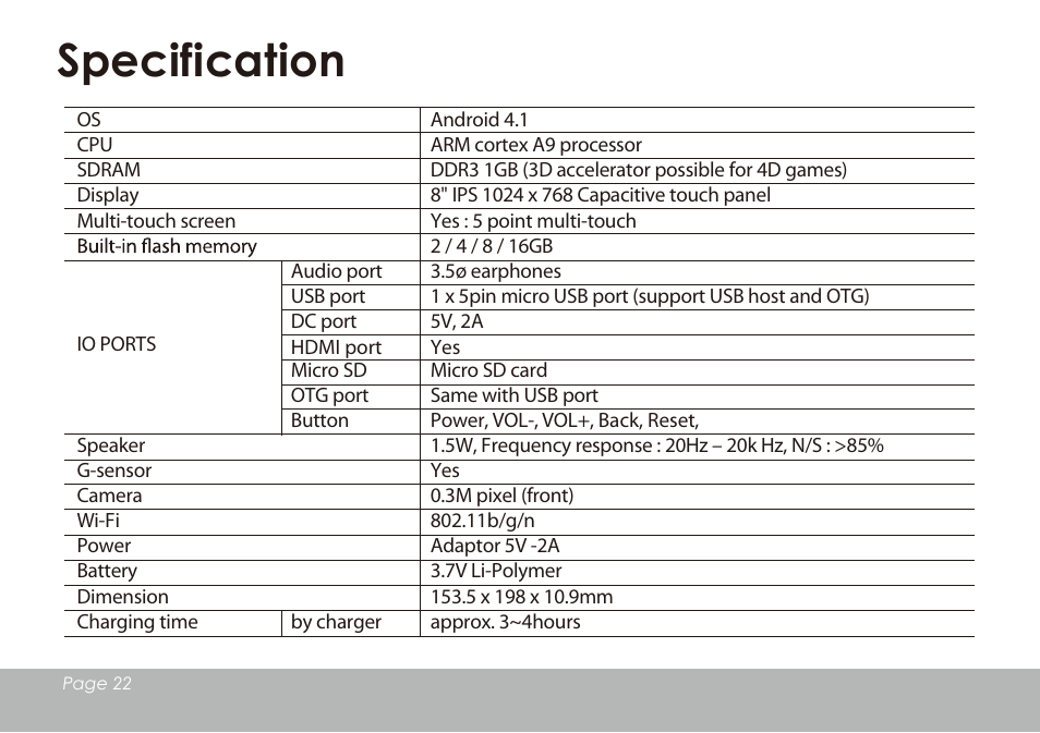 Specification | Mpman MPDC88 BT IPS User Manual | Page 23 / 24